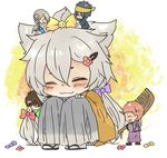  ^_^ bandana black_hair bow brown_hair closed_eyes comb hair_bow hair_ornament hairclip hairdressing hakama ima-no-tsurugi ishikirimaru iwatooshi japanese_clothes kogitsunemaru kurate lowres male_focus mikazuki_munechika miniboy multiple_boys orange_hair sitting smile touken_ranbu white_hair 