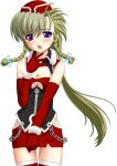  1girl 2000s_(style) :o blue_eyes blush braid breasts chain cleavage clothing_cutout cocono_aqua elbow_gloves game_asset gloves green_hair hat large_variant_set long_hair magical_girl mahou_senshi_(series) mahou_senshi_sweet_knights medium_breasts miniskirt non-web_source official_art open_mouth ponytail purple_eyes red_gloves red_thighhighs ribbon saitou_natsuki self-datamine simple_background skirt skirt_tug solo tachi-e thigh_gap thighhighs transparent_background twin_braids variant_set zettai_ryouiki zipper 