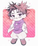  1boy artist_name black_eyes black_hair border choso_(jujutsu_kaisen) closed_mouth commentary deformed facial_mark full_body jujutsu_kaisen male_focus outside_border robe short_hair short_twintails solo standing ttnoooo twintails untranslatable_commentary white_border white_robe 