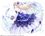  blonde_hair blue_dress dress elbow_gloves feathers flower fukahire_(ruinon) gloves hair_flower hair_ornament high_heels kai-ri-sei_million_arthur long_hair million_arthur_(series) official_art one_eye_closed open_mouth original pink_eyes pumps smile solo strapless strapless_dress sword very_long_hair weapon white_gloves 