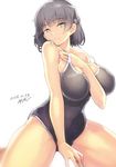  absurdres ayaki bangs black_hair braid breasts clothes_writing covered_navel frown highres kneeling large_breasts looking_at_viewer one-piece_swimsuit original short_hair sitting solo strap_lift strap_slip swimsuit white_eyes 