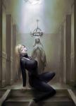  absurdres alicia_(claymore) arm_support blonde_hair bodysuit breasts chandelier claymore closed_eyes crossing highres large_breasts lips long_hair nose sitting solo stairs statue 
