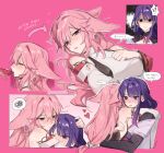  !? 2girls animal_ears blush closed_eyes commentary cup detached_sleeves dress drunk earrings english_commentary english_text fox_ears genshin_impact heart highres hug japanese_clothes jewelry kimono long_hair mole mole_under_eye multiple_girls nonons parted_lips pink_background pink_hair purple_hair purple_kimono raiden_shogun sakazuki speech_bubble spoken_squiggle squiggle white_dress yae_miko yuri 