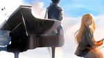  1girl arima_kousei black_hair black_skirt blonde_hair head_tilt hews_hack instrument jacket light_smile logo long_hair looking_at_viewer miyazono_kawori open_clothes open_jacket piano reflection shigatsu_wa_kimi_no_uso sitting skirt standing steinway_&amp;_sons violin yellow_eyes 