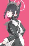  1girl alternate_costume animal_ears apron black_hair blue_archive cat_ears cat_girl colored_inner_animal_ears colored_inner_hair commentary_request cowboy_shot from_side glowing glowing_halo halo highres kazusa_(blue_archive) looking_at_viewer looking_back maid maid_apron multicolored_hair open_mouth pink_hair red_background red_eyes s0lari_sub short_hair simple_background solo 