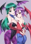  animal_print aqua_hair bare_back bare_shoulders bat_print blue_legwear bridal_gauntlets cowboy_shot demon_wings derivative_work green_eyes green_hair hands_together highleg highleg_leotard hug joker_(pixiv6305125) leotard lilith_aensland long_hair looking_back morrigan_aensland multiple_girls pantyhose parted_lips print_legwear purple_eyes purple_legwear purple_wings red_eyes red_leotard short_hair siblings simple_background sisters smile vampire_(game) very_short_hair wings 