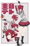  adachi_rei bag baguette black_boots boots bread character_doll character_name closed_eyes commentary cup doll drill_hair food grey_jacket grey_skirt highres holding holding_bag holding_cup holding_doll jacket kasane_teto kasane_teto_(sv) long_sleeves miniskirt open_mouth red_eyes red_hair shopping_bag skirt standing stretching synthesizer_v twin_drills tyawa_dnud3828 utau yunomi 