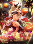  2013 armband bare_shoulders basket beer_mug blonde_hair blue_eyes bracelet breasts cleavage confetti copyright_name curly_hair earrings flower ghost_costume hat hat_flower hat_removed headwear_removed highres jack-o'-lantern jewelry kazuhiro_oya large_breasts legband legend_of_the_cryptids long_hair midriff moon navel necklace open_mouth solo_focus string_of_flags witch_hat 