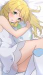 1girl :o absurdres ass bed_sheet blonde_hair commentary_request dress egg from_above green_eyes highres holding holding_egg lillie_(pokemon) long_hair lying on_side open_mouth partial_commentary pokemon pokemon_(anime) pokemon_egg pokemon_the_series:_sun_&amp;_moon sleeveless sleeveless_dress socks solo suborofu white_dress white_socks 