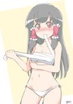  blush brown_eyes full-face_blush grey_hair hair_ornament hair_tubes hakurei_reimu highres long_hair looking_at_viewer mouth_hold navel panties sarashi signature solo sweatdrop touhou underwear white_panties yellow_background yutamaro 