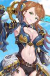  1girl absurdres armor beatrix_(granblue_fantasy) blue_armor blueart_elf bra breasts brown_hair cleavage commentary_request gauntlets granblue_fantasy granblue_fantasy_versus:_rising green_eyes highres holding holding_sword holding_weapon large_breasts long_hair navel ponytail simple_background smile striped_bra striped_clothes sword thighs underwear vertical-striped_bra vertical-striped_clothes weapon 