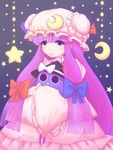  bird blue_bow blue_ribbon bow crescent crescent_hair_ornament dora_ita frilled_sleeves frills hair_ornament hat long_hair mob_cap pajamas patchouli_knowledge penguin purple_eyes purple_hair red_bow red_ribbon ribbon smile solo star touhou very_long_hair witch_hat 