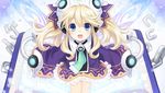  absurdres blonde_hair blue_eyes blush book chain game_cg hair_ornament highres histoire necktie neptune_(series) official_art smile solo tsunako twintails wings 