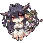  antenna_hair bandaged_arm bandages bangs black_gloves blood blood_stain bloody_clothes bloody_dress breasts chibi cleavage corset crescent danua doll draph dress fingerless_gloves full_body gloves granblue_fantasy gretel_(granblue_fantasy) hair_between_eyes hansel_(granblue_fantasy) horn_ornament horns jewelry large_breasts long_hair lowres necklace nyagakiya pointy_ears purple_hair red_eyes simple_background solo stuffed_toy thumb_sucking white_background white_dress 