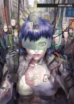  1girl 6+boys aramaki_daisuke bald balding batou_(gits) beard black_gloves black_hair black_jacket black_shirt blue_necktie blue_shirt boma_(gits) brandon_chng breasts brown_jacket cable closed_mouth commentary copyright_name cyberpunk cyborg english_commentary facial_hair finger_on_trigger ghost_in_the_shell gloves gun handgun head-mounted_display highres holding holding_gun holding_weapon ishikawa_(gits) jacket kusanagi_motoko looking_at_viewer medium_hair multiple_boys necktie paz_(gits) purple_eyes purple_hair red_jacket red_necktie saitou_(gits) shirt short_hair skin_seams togusa_(gits) weapon white_shirt 