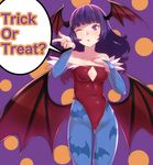  ;o animal_print ass_visible_through_thighs bad_id bad_pixiv_id bangs bare_shoulders bat_print bat_wings blunt_bangs breasts bridal_gauntlets cameltoe cleavage cleavage_cutout cosplay covered_navel cowboy_shot demon_girl english feathers fingernails halloween hand_on_own_chest head_wings highleg highleg_leotard highres kyuuso_inukami leotard lilith_aensland lilith_aensland_(cosplay) long_fingernails long_hair looking_to_the_side low_wings medium_breasts one_eye_closed ootori_chacha pantyhose pointing polka_dot polka_dot_background print_legwear purple_background purple_eyes purple_hair red_leotard skin_tight solo speech_bubble strapless strapless_leotard succubus tokyo_7th_sisters trick_or_treat vampire_(game) wavy_hair wings 