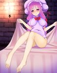  barefoot blanket blush breasts candle commentary_request hair_ribbon hat highres huge_breasts leotard long_hair mob_cap patchouli_knowledge pink_eyes pink_hair purple_leotard ribbon sitting solo touhou tress_ribbon very_long_hair wavy_mouth zuttokodomo 
