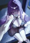  1girl 1other absurdres alternate_costume artist_name averting_eyes bare_arms bare_shoulders black_dress black_nightgown blunt_bangs blurry blurry_background blush breasts bright_pupils cleavage depth_of_field dress english_commentary fern_(sousou_no_frieren) flying_sweatdrops from_above hair_intakes hand_on_another's_cheek hand_on_another's_face hand_on_another's_wrist highres indoors large_breasts legs_together lingerie long_hair natomyu nightgown on_bed pout pov pov_hands purple_eyes purple_hair see-through_clothes see-through_dress see-through_nightgown sidelocks sitting solo_focus sousou_no_frieren twitter_username underwear very_long_hair window 