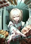  1girl absurdres ascot blonde_hair bottle collared_shirt commentary_request fingernails flandre_scarlet food food_request frilled_shirt_collar frills hair_between_eyes highres juliet_sleeves long_sleeves missing_headwear one_side_up puffy_sleeves reaching reaching_towards_viewer red_eyes red_nails red_vest refrigerator refrigerator_interior sausage sharp_fingernails shirt solo t_terano tongue tongue_out touhou vest white_shirt yellow_ascot 