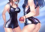  absurdres apple armpits arms_behind_back ass blue_background blue_hair bracelet breasts brown_hair cleavage collarbone covered_navel cowboy_shot fengmo food fruit head_out_of_frame highres jewelry large_breasts multiple_girls one-piece_swimsuit open_mouth original school_swimsuit shiny shiny_clothes shiny_swimsuit simple_background skin_tight standing swimsuit water wet wet_clothes wet_swimsuit 