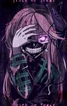  blood blood_stain colored_eyelashes covering_one_eye english glowing glowing_eye halloween hata_no_kokoro long_hair long_sleeves looking_at_viewer mask maturiuta_sorato pink_eyes pink_hair plaid plaid_shirt shirt solo string teeth text_focus tokyo_ghoul touhou trick_or_treat upper_body 