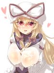  between_breasts blonde_hair bow breasts cum cum_in_mouth cum_on_body cum_on_breasts cum_on_upper_body dress facial hair_bow hair_ornament hat hat_ribbon heart heart-shaped_pupils highres huge_breasts kaizu_(kaizukurodai) long_hair long_sleeves looking_at_viewer mob_cap puffy_sleeves red_eyes ribbon see-through simple_background smile solo symbol-shaped_pupils tabard tongue tongue_out touhou white_background wide_sleeves yakumo_yukari 