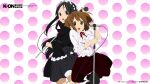  2girls :d akiyama_mio black_eyes black_hair black_pantyhose black_skirt brown_eyes brown_hair copyright_name copyright_notice dot_nose frills game_asset hair_between_eyes hair_ornament hairclip happy highres hirasawa_yui holding holding_microphone holding_microphone_stand horiguchi_yukiko k-on! light_blush long_hair long_sleeves looking_at_viewer maid maid_headdress microphone microphone_stand multiple_girls neck_ribbon non-web_source official_art open_mouth pantyhose polka_dot polka_dot_background red_ribbon red_skirt ribbon self-datamine short_hair skirt smile two-tone_background 