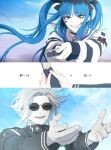 1boy 1girl absurdres amemiya_darumi aotsuki_eito black_bow black_hair blue_hair blue_sky bow choker cloud cloudy_sky commentary_request facial_mark glasses gloves grey_hair hair_bow heart heart_facial_mark highres holding last_defense_academy_school_uniform long_hair makeup multicolored_hair pink_eyes school_uniform shirt short_hair skirt sky smile smwtrnm striped_clothes sunglasses the_hundred_line_-last_defense_academy- twintails 