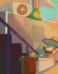  73sitimi air_conditioner amoonguss city closed_eyes commentary_request highres looking_up mushroom no_humans plant poke_ball_theme pokemon pokemon_(creature) pokemon_focus potted_plant sharp_teeth stairs teeth trash_bag trubbish urban 