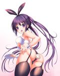  animal_ears ass bare_shoulders black_legwear blush breasts bunny_ears bunny_girl bunny_tail cleavage detached_collar fake_animal_ears from_behind from_below garter_straps gochuumon_wa_usagi_desu_ka? gradient gradient_background hairband highres long_hair medium_breasts open_cuffs purple_eyes purple_hair simple_background skindentation solo sora_to_umi tail tedeza_rize thighhighs twintails underboob very_long_hair wrist_cuffs 