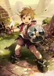  artist_name brick_wall brown_eyes brown_hair dagger grass highres looking_at_viewer male_focus noeyebrow_(mauve) open_mouth original outdoors ruins sheath shield shorts standing watch weapon wristwatch 
