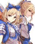  alternate_costume aosaki_yukina blonde_hair blue_bow bow commentary_request djeeta_(granblue_fantasy) granblue_fantasy hair_bow kimi_to_boku_no_mirai multiple_girls open_mouth puffy_sleeves ribbon short_hair short_sleeves smile vira_lilie white_background yellow_eyes 