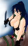  alternate_breast_size bikini black_gloves blue_eyes blue_hair breasts cosplay front-tie_bikini front-tie_top gloves highres houshou_(kantai_collection) huge_breasts kantai_collection karakure_(kamo-nanban) knife long_hair lowleg_pantyhose metal_gear_(series) metal_gear_solid_v pantyhose ponytail quiet_(metal_gear) quiet_(metal_gear)_(cosplay) solo suspenders swimsuit torn_clothes torn_legwear weapon 