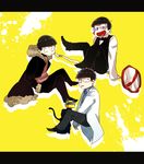  :&lt; bad_id bad_twitter_id bespectacled black_hair bow bowl_cut bowtie cat celty_sturluson celty_sturluson_(cosplay) cosplay crossed_legs durarara!! fukuyama_jun fur_trim glasses hands_in_pockets heiwajima_shizuo heiwajima_shizuo_(cosplay) kamiya_hiroshi kishitani_shinra kishitani_shinra_(cosplay) kuuya_(akagane001) labcoat letterboxed male_focus matsuno_choromatsu matsuno_ichimatsu matsuno_juushimatsu messy_hair multiple_boys necktie ono_daisuke orihara_izaya orihara_izaya_(cosplay) osomatsu-kun osomatsu-san road_sign seiyuu_connection sign sleeves_past_wrists splatter sunglasses sweatdrop waiter yellow_background 