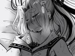  amagaeru_(hylathewet) blush bra clenched_teeth greyscale hatsuharu_(kantai_collection) highres kantai_collection long_hair monochrome open_clothes solo sweat tears teeth underwear very_long_hair 