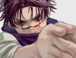 1boy bags_under_eyes black_hair blurry choso_(jujutsu_kaisen) facial_mark fingernails jujutsu_kaisen looking_at_viewer male_focus ponpon_pantsu robe short_hair short_twintails solo twintails white_robe 