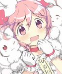  :3 bangs choker fluffy frilled_gloves frilled_sleeves frills gloves hair_ribbon highres hitode kaname_madoka kyubey magical_girl mahou_shoujo_madoka_magica one_eye_closed open_mouth pink_eyes pink_hair pink_ribbon puffy_short_sleeves puffy_sleeves ribbon short_hair short_sleeves short_twintails swept_bangs twintails upper_body wavy_mouth white_gloves 