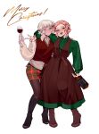  2girls alcohol arm_around_neck belt black_boots blue_eyes blush boots brown_belt brown_boots brown_dress brown_pantyhose character_request collared_shirt commentary copyright_request cup dress drinking_glass drunk english_commentary fingernails green_shirt grey_eyes hair_ornament hairclip hand_on_another's_shoulder highres holding holding_cup jack_daniel's merry_christmas multiple_girls multiple_hairclips nose_blush pantyhose pink_hair plaid_clothes plaid_skirt red_skirt red_sweater_vest shirt short_hair simple_background skirt standing sunnypoppy sweater_vest whiskey white_background white_hair white_shirt wine_glass 