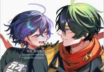  1boy 1girl ahoge belle_(zenless_zone_zero) black_jacket black_shirt blue_hair closed_eyes closed_mouth commentary_request crossed_bangs earrings green_eyes green_hair hair_between_eyes highres jacket jewelry lighter_(zenless_zone_zero) looking_at_another necklace nikumaipan2 open_mouth red_scarf scarf shirt short_hair shoulder_spikes simple_background smile spiked_jacket spikes sunglasses white_background zenless_zone_zero 