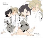  2girls barefoot black_hair blush brown_hair closed_eyes collared_shirt commentary dated feet grey_neckerchief grey_skirt highres imminent_kiss long_hair minamip multiple_girls neckerchief open_mouth original pleated_skirt red_eyes shirt short_hair skirt suspender_skirt suspenders toes white_shirt yuri 