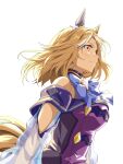  1girl animal_ears bare_shoulders blonde_hair blush bow bowtie breasts closed_mouth commentary_request dress ear_covers grey_bow grey_bowtie highres horse_ears horse_girl horse_tail long_sleeves medium_breasts narita_top_road_(the_proud_road)_(umamusume) narita_top_road_(umamusume) purple_dress purple_eyes see-through_clothes see-through_sleeves short_hair simple_background single_ear_cover smile solo tail umamusume white_background zukki_(bijitaru) 