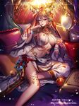  1girl bad_id bad_pixiv_id bracelet braid breasts brown_hair collarbone earrings finger_to_mouth glint hair_ornament jewelry large_breasts long_hair looking_at_viewer navel original pendant pillow red_eyes revealing_clothes sitting solo tenka_touitsu_chronicle watermark web_address 