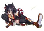  1girl absurdres animal_ears bare_shoulders bike_shorts black_hair black_shorts black_sleeves black_thighhighs breasts chanchanko_(clothes) cleavage cleavage_cutout clothing_cutout commentary_request detached_sleeves floral_print_sleeves hair_between_eyes highres horse_ears horse_girl horse_tail horseshoe kitasan_black_(gilded_shrine_to_glory)_(umamusume) kitasan_black_(umamusume) kouhaku_nawa large_breasts looking_at_viewer multicolored_hair open_mouth orange_shirt orange_skirt red_eyes rope shimenawa shirt short_hair shorts simple_background skirt solo streaked_hair stretching tail thighhighs thighs two_side_up umamusume white_background white_streaks yakousei_a 