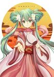  alternate_hairstyle beckoning character_name chinese_clothes chuushuu_meigetsu_miku egasumi fan flower green_eyes green_hair hair_flower hair_ornament hanfu hatsune_miku highres holding holding_fan long_hair long_sleeves looking_at_viewer open_hand outstretched_arm paper_fan sash sem_(honey_sv) shawl smile solo source_request twintails uchiwa very_long_hair vocaloid wide_sleeves 