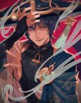  1boy anemo_symbol_(genshin_impact) aqua_gem armor bishounen black_bodysuit black_bridal_gauntlets black_hair blue_cape blue_hat blue_jingasa blue_sleeves blunt_ends bodysuit bridal_gauntlets bright_pupils cape commentary eyelashes fingernails furisode gem genshin_impact gold hands_up hat highres japanese_armor japanese_clothes jingasa kimono kote kurokote layered_sleeves looking_at_viewer male_focus mandarin_collar multicolored_hair open_clothes open_hands open_kimono pectorals pom_pom_(clothes) portrait purple_eyes purple_hair red_background scaramouche_(genshin_impact) short_sleeves shoulder_peek side_cape smirk solo streaked_hair teeth tsurime uneven_eyes viol_vrt vision_(genshin_impact) wanderer_(genshin_impact) white_kimono white_pupils white_sleeves wind wispy_bangs wolf_cut 