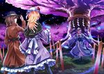  arm_ribbon blonde_hair blue_dress brown_hair capelet cherry_blossoms dress e.o. hat long_sleeves maribel_hearn mob_cap multiple_girls outstretched_arms petals pink_hair purple_dress ribbon rope saigyou_ayakashi saigyouji_yuyuko sash shimenawa touhou tree trench_coat triangular_headpiece usami_renko wide_sleeves 