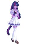  1girl :o absurdres animal_ears black_bow black_hair blunt_bangs bow brown_shoes colored_skin commentary dress english_commentary hair_ornament hand_on_own_chin highres horse_ears horse_girl long_hair multicolored_hair my_little_pony nekotorine official_style pink_hair pleated_dress puffy_short_sleeves puffy_sleeves purple_dress purple_eyes purple_hair purple_skin shoes short_sleeves simple_background solo streaked_hair tachi-e thighhighs twilight_sparkle umamusume white_background white_dress white_thighhighs 