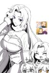  3girls absurdres alternate_costume blue_eyes blush breasts charon_(project_moon) chibi commentary_request cosplay don_quixote_(project_moon) fern_(sousou_no_frieren) frieren fur_collar grey_eyes hand_in_own_hair happy headpat highres jacket korean_commentary large_breasts limbus_company limited_palette long_hair methode_(sousou_no_frieren) methode_(sousou_no_frieren)_(cosplay) multiple_girls official_alternate_costume open_mouth orange_eyes project_moon roan_green rodion_(project_moon) scene_reference simple_background smile sousou_no_frieren white_background 