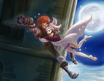  1girl afro aiming amira_(shingeki_no_bahamut) barefoot blue_eyes boots braid building favaro_leone foreshortening full_moon grin gun hetero holding lavender_hair maka_(decnove) moon open_mouth orange_hair purple_eyes robe scar shingeki_no_bahamut shingeki_no_bahamut:_genesis sky smile twintails weapon wrist_cuffs 