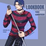  1boy 54roboku black_collar black_pants black_shirt blue_hair bluesky_username character_name collar ear_piercing english_text harness highres holding holding_microphone_stand jewelry kanbayashi_yohei long_sleeves male_focus microphone_stand mole mole_under_mouth multicolored_shirt multiple_necklaces necklace pants paradox_live piercing red_shirt shirt short_hair silver_necklace striped_clothes striped_shirt twitter_username yellow_eyes 